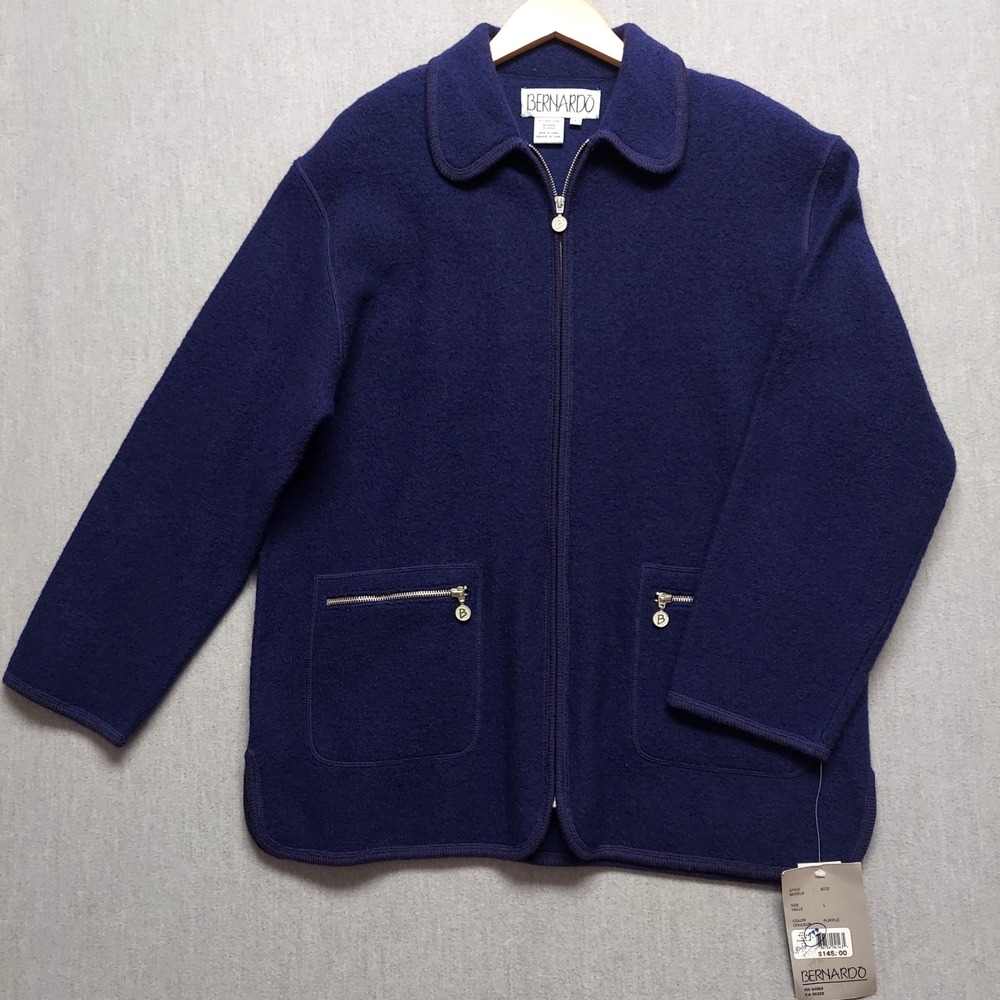 Bernardo Boiled Wool Jacket Womens L Purple Zip Cardigan Classic Quiet Luxury